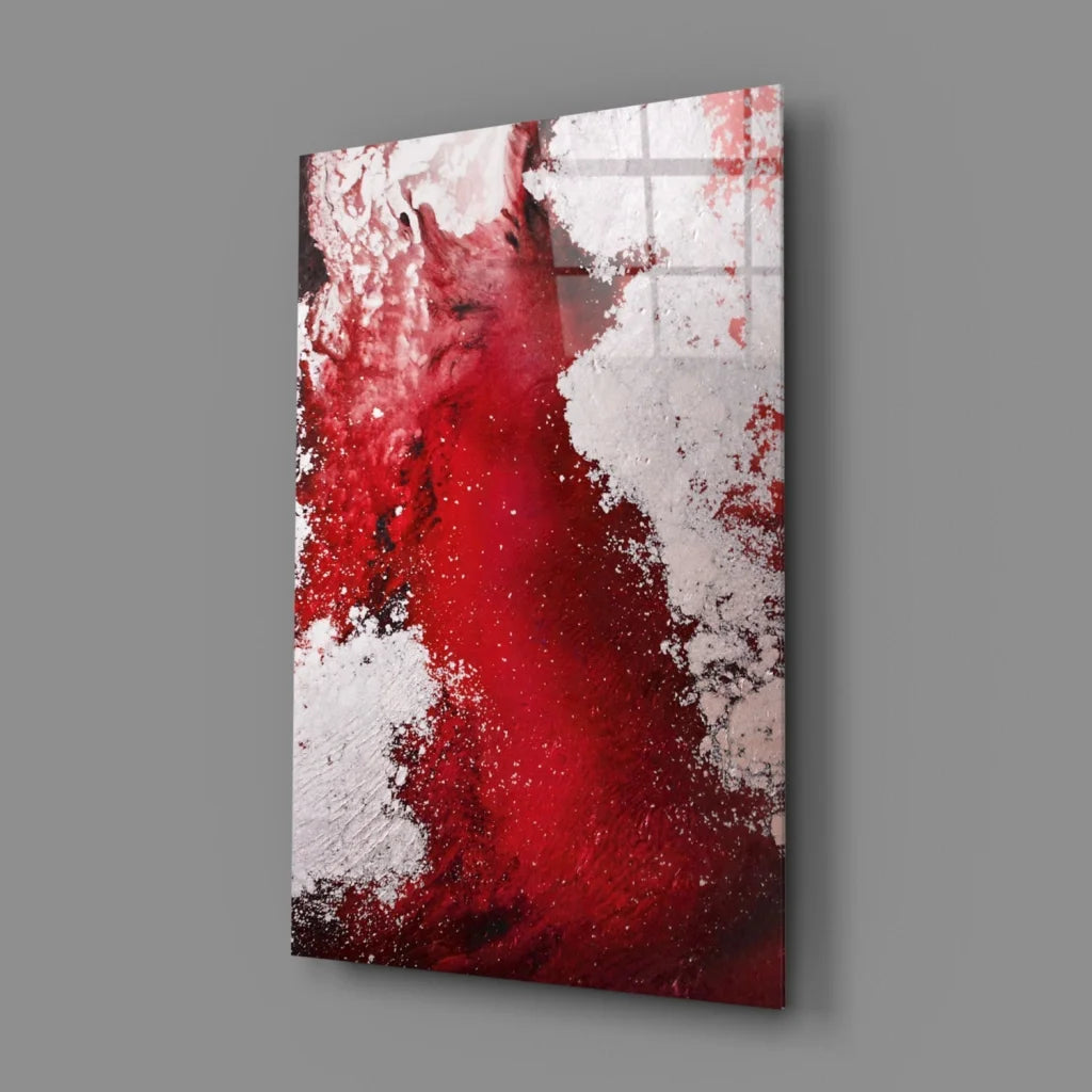 Bold red abstract glass wall art with vibrant textured splashes