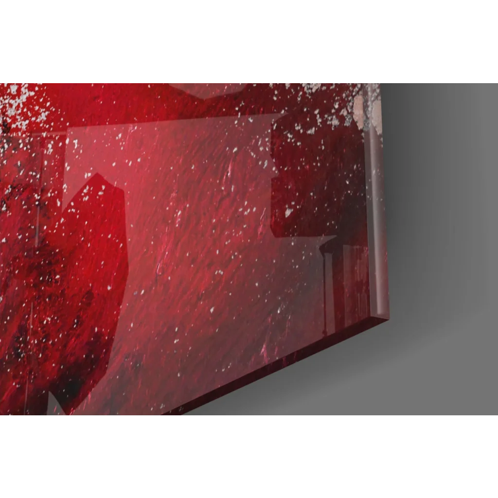 Glossy red abstract glass wall art with white splashes and geometric shapes