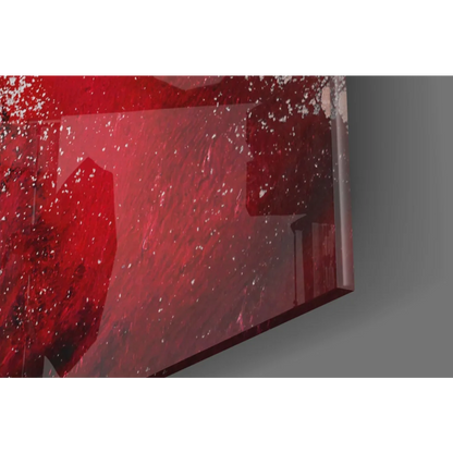Glossy red abstract glass wall art with white splashes and geometric shapes