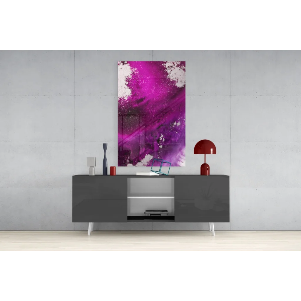 Stunning purple abstract glass wall art with vibrant magenta swirls