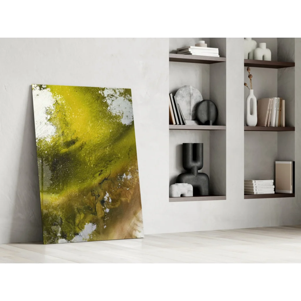 Vibrant swirling yellow green glass wall art abstract panel