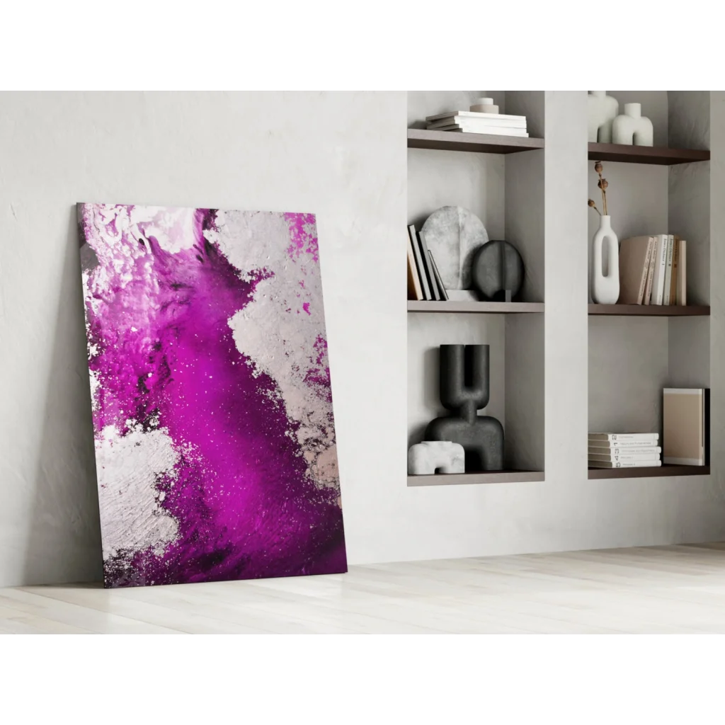 Vibrant purple abstract glass wall art with white textured splatter on minimalist wall