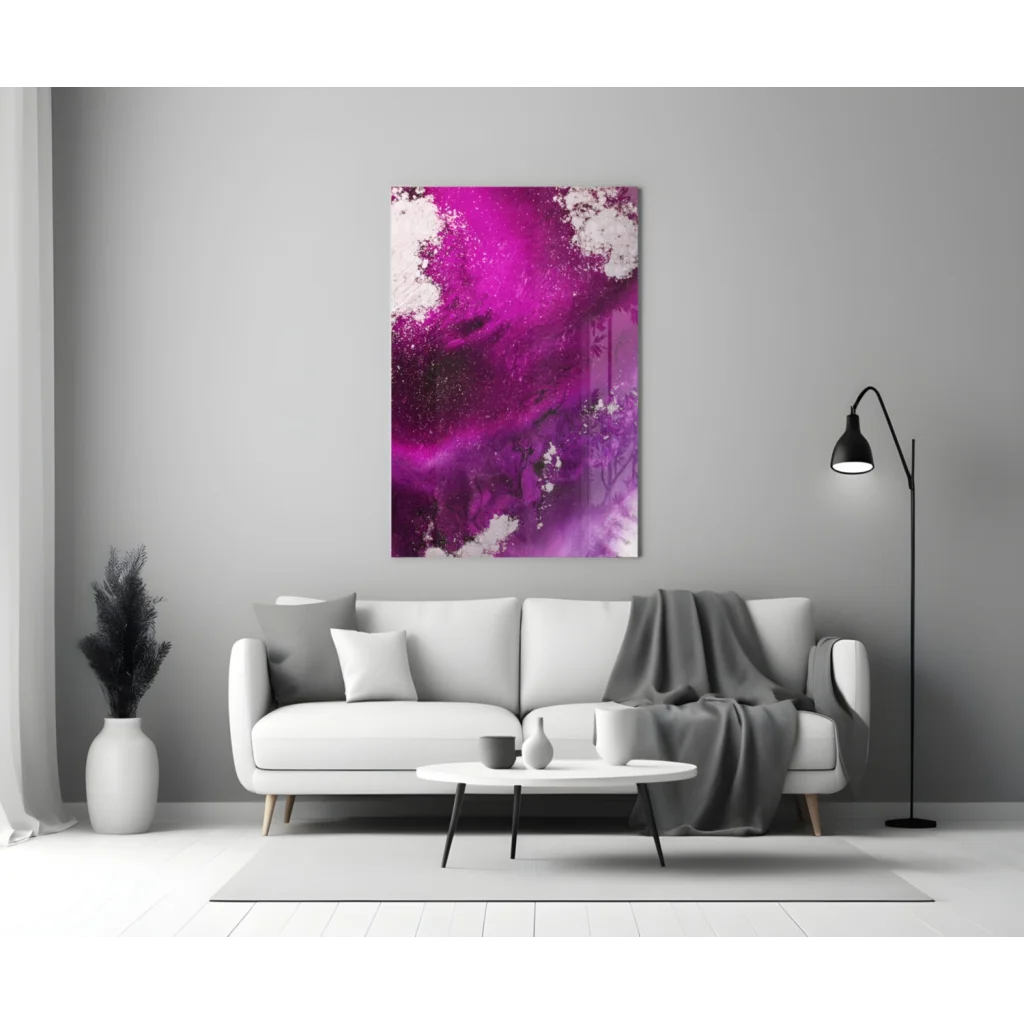 Vibrant magenta glass wall art with glossy marble finish on canvas