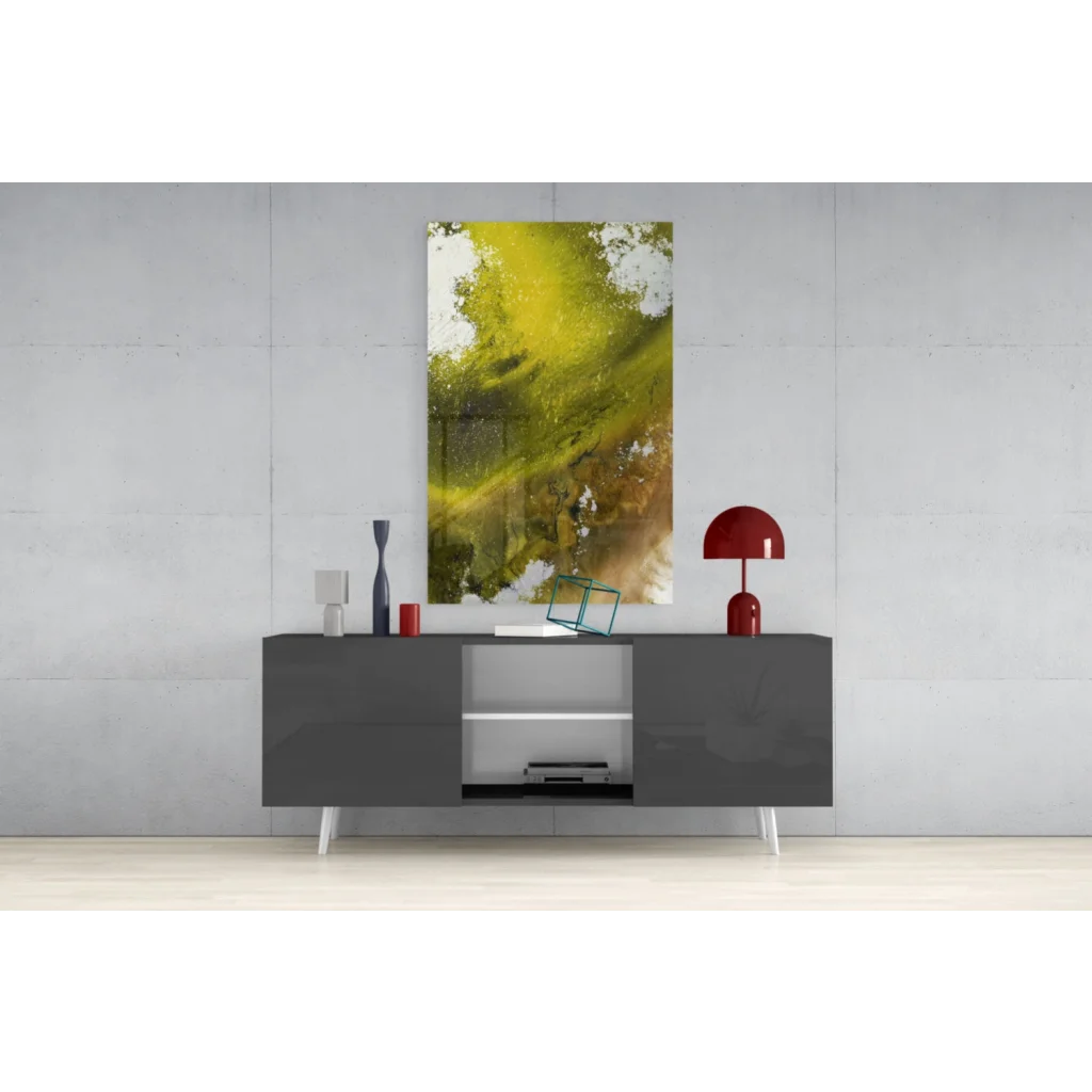 Vibrant swirling yellow green glass wall art abstract panel above gray console