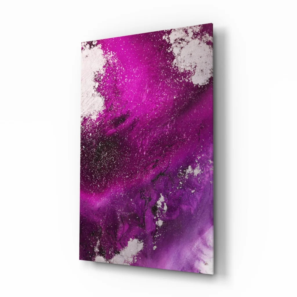 Vibrant purple abstract glass wall art with glossy marble finish