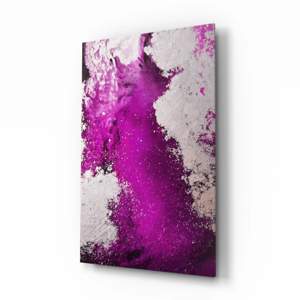 Vibrant magenta abstract glass wall art with textured splatter effects