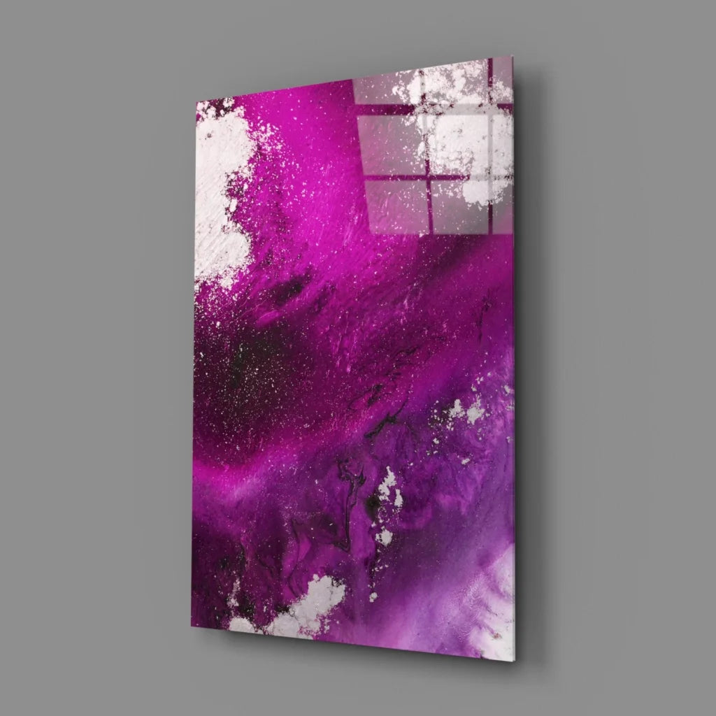 Vibrant purple and white glass wall art with glossy marbled finish