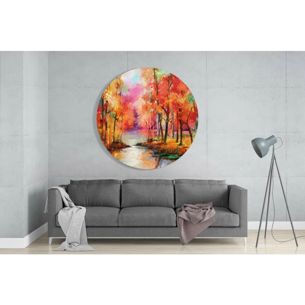 Fiery Autumn Forest Tempered Glass Art Circle | Glass Wall Art Print | vintageantiquesgifts.com