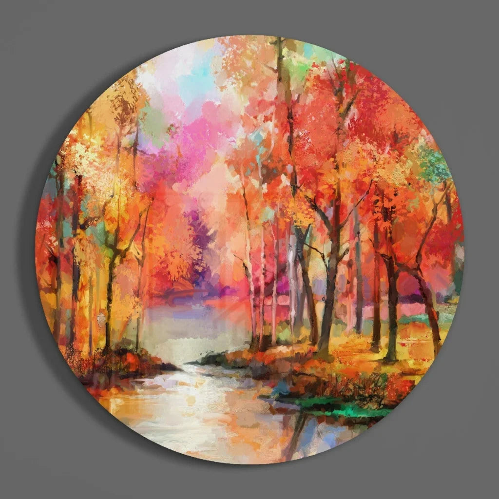Fiery Autumn Forest Tempered Glass Art Circle | Modern Wall Art Decor | vintageantiquesgifts.com