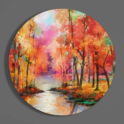 Fiery Autumn Forest Tempered Glass Art Circle | Modern Wall Art Decor | vintageantiquesgifts.com