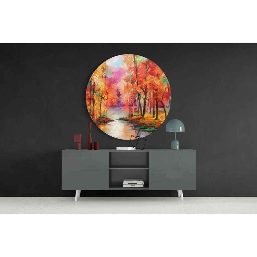 Fiery Autumn Forest Tempered Glass Art Circle | Contemporary Home Wall Art | vintageantiquesgifts.com