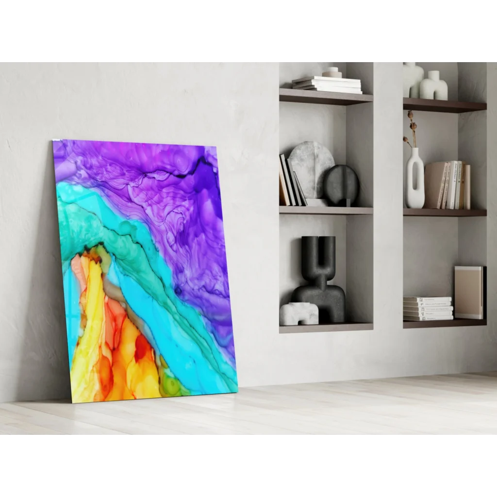 Vibrant swirling purple teal orange abstract glass wall art canvas