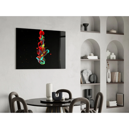 Vibrant swirling ink abstract wall art print in red teal yellow on black frame