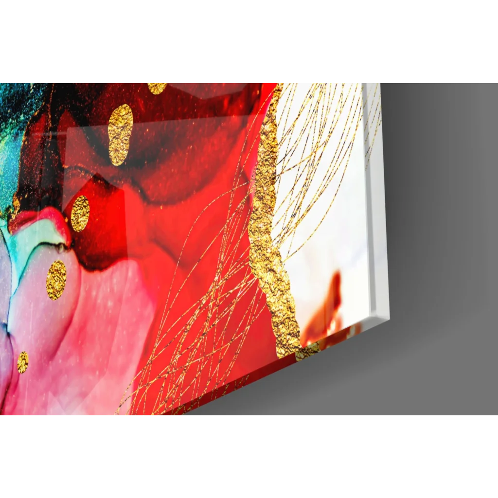 Vibrant swirling red pink teal abstract canvas wall art with gold accents