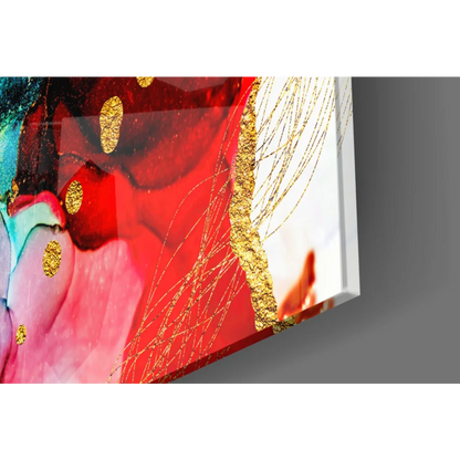 Vibrant swirling red pink teal abstract canvas wall art with gold accents