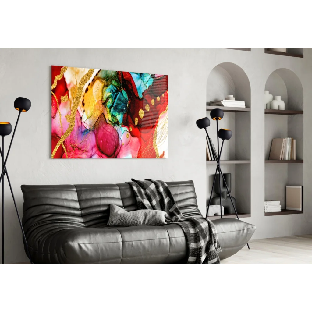 Vibrant swirling gold accent abstract canvas wall art in red, pink, teal hues