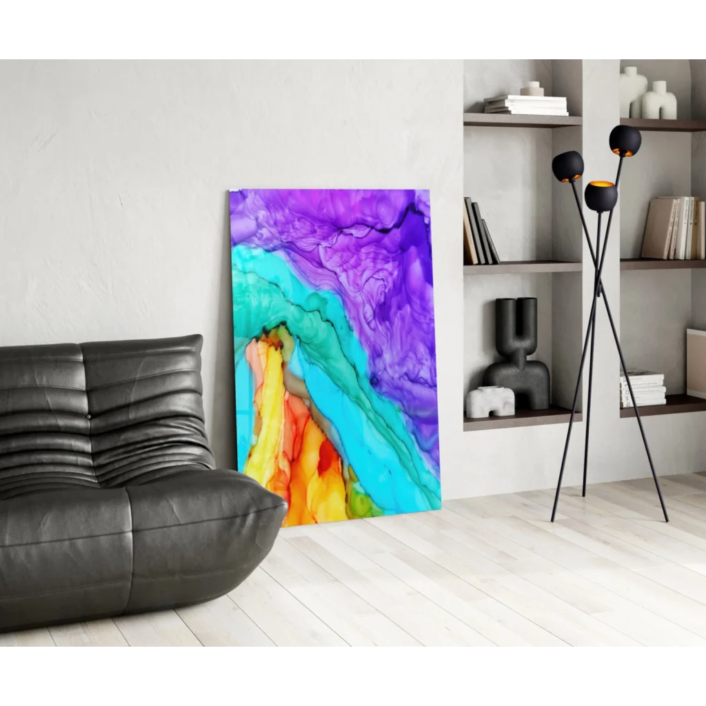 Vibrant swirling purple teal orange abstract glass wall art canvas