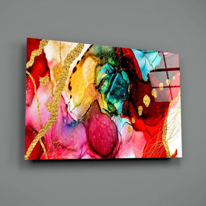 Vibrant swirling reds, pinks, teals, and gold leaf abstract wall art canvas