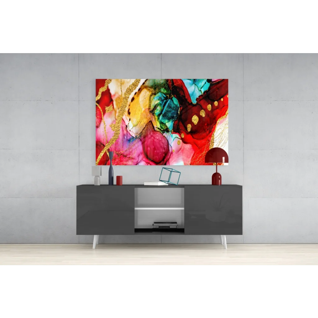 Vibrant swirling reds pinks greens gold abstract canvas wall art