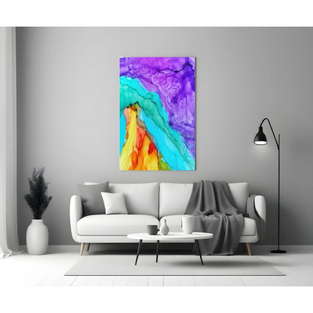 Vibrant swirling purple teal orange abstract glass wall art canvas