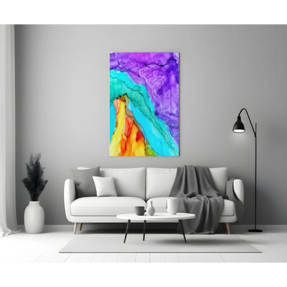 Vibrant swirling purple teal orange abstract glass wall art canvas
