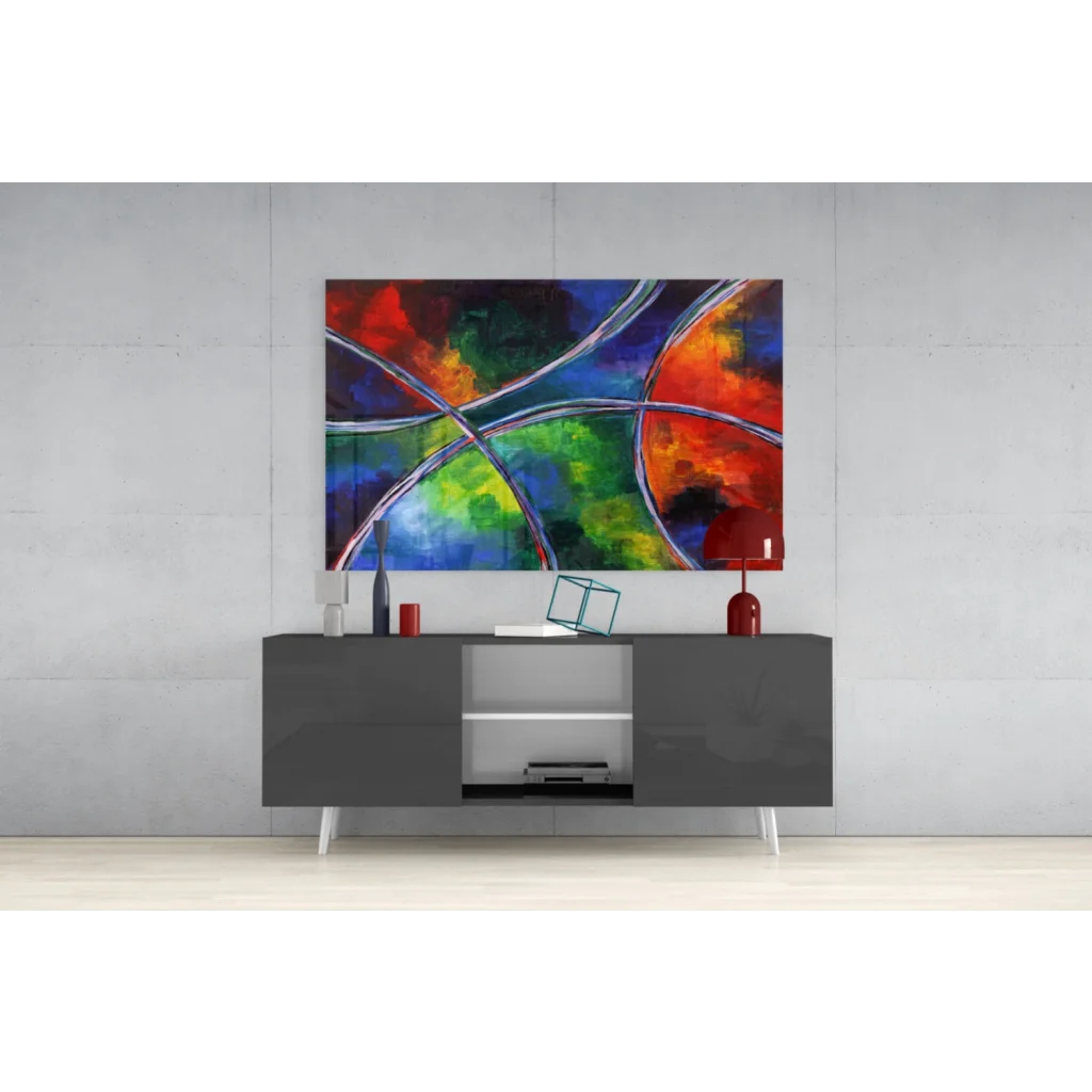 Vibrant rainbow swirl abstract canvas wall art with metallic accents