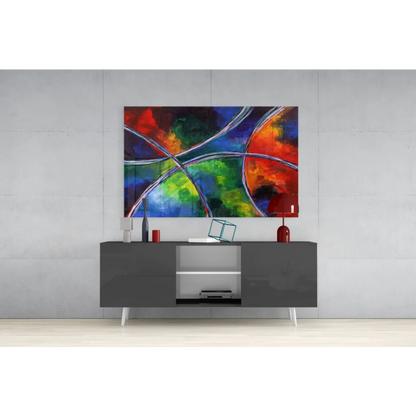 Vibrant rainbow swirl abstract canvas wall art with metallic accents