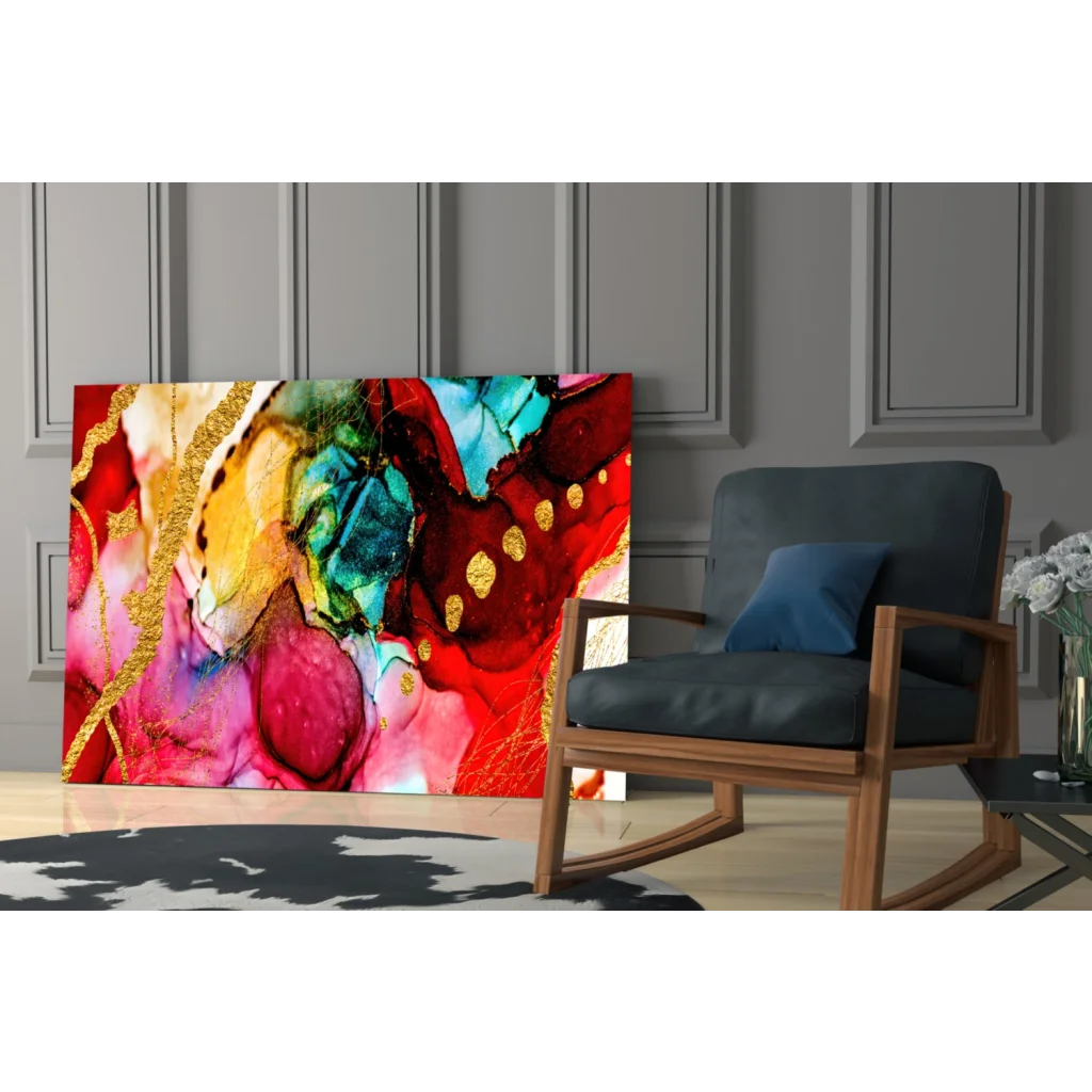 Vibrant swirling gold accent abstract canvas wall art in red, pink, teal hues