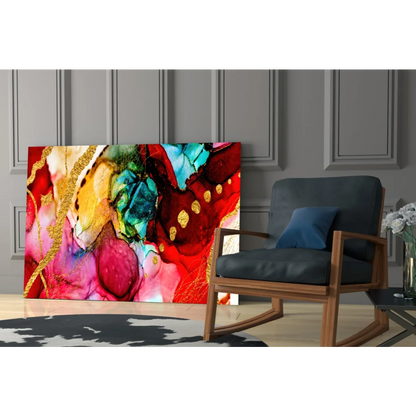 Vibrant swirling gold accent abstract canvas wall art in red, pink, teal hues