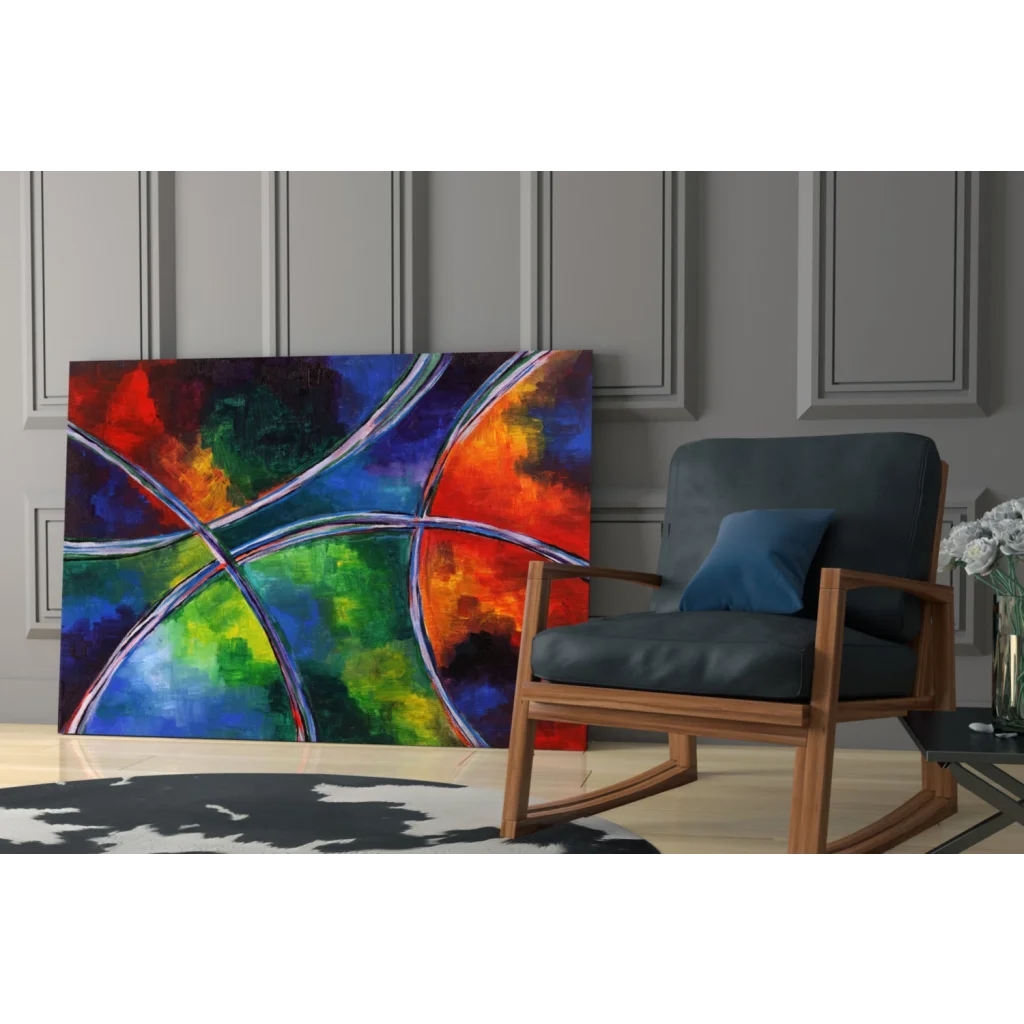 Vibrant rainbow swirl abstract wall art canvas with bold colors and silver accents