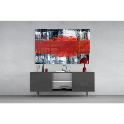Bold red stripe abstract canvas wall art with sweeping red brushstrokes on black, white, gray textures