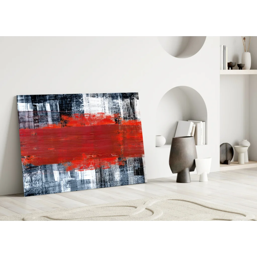Bold red stripe abstract canvas wall art on textured black, white, gray background