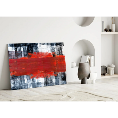 Bold red stripe abstract canvas wall art on textured black, white, gray background