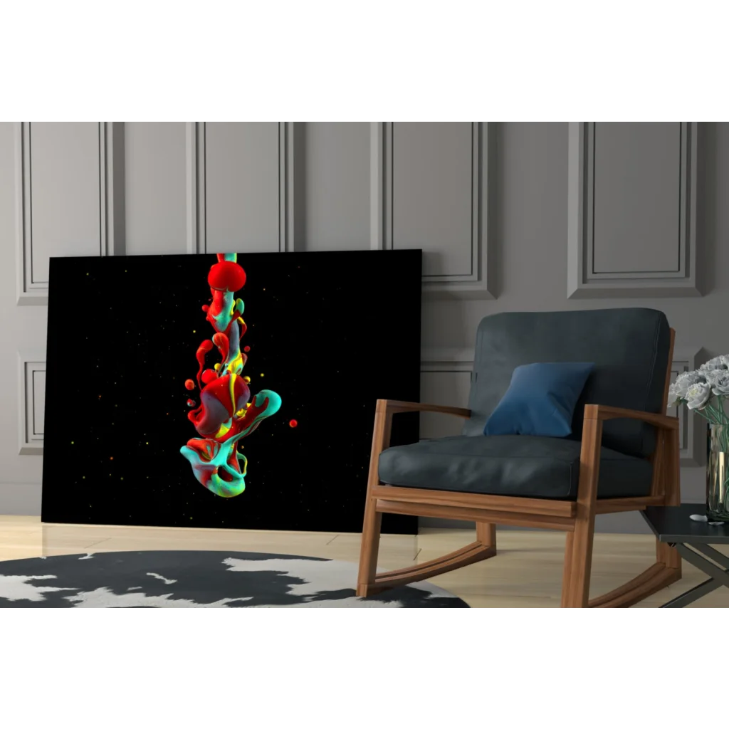 Vibrant swirling red, green, yellow abstract canvas wall art on black