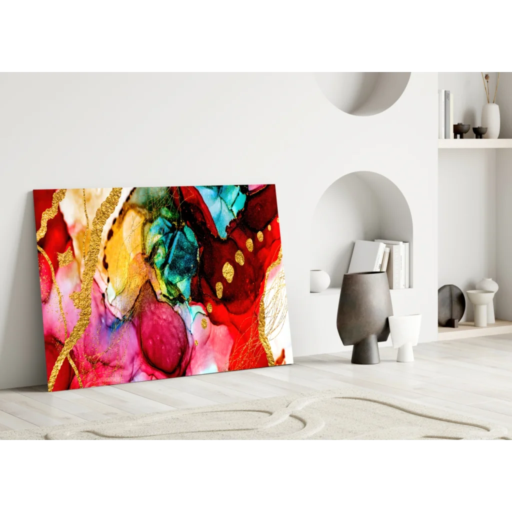 Vibrant swirling gold accent abstract canvas wall art in red, pink, teal, yellow hues