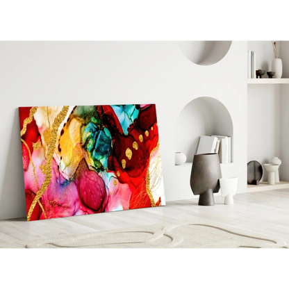 Vibrant swirling gold accent abstract canvas wall art in red, pink, teal, yellow hues