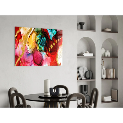 Vibrant swirling gold accent abstract canvas wall art in red, pink, yellow, teal