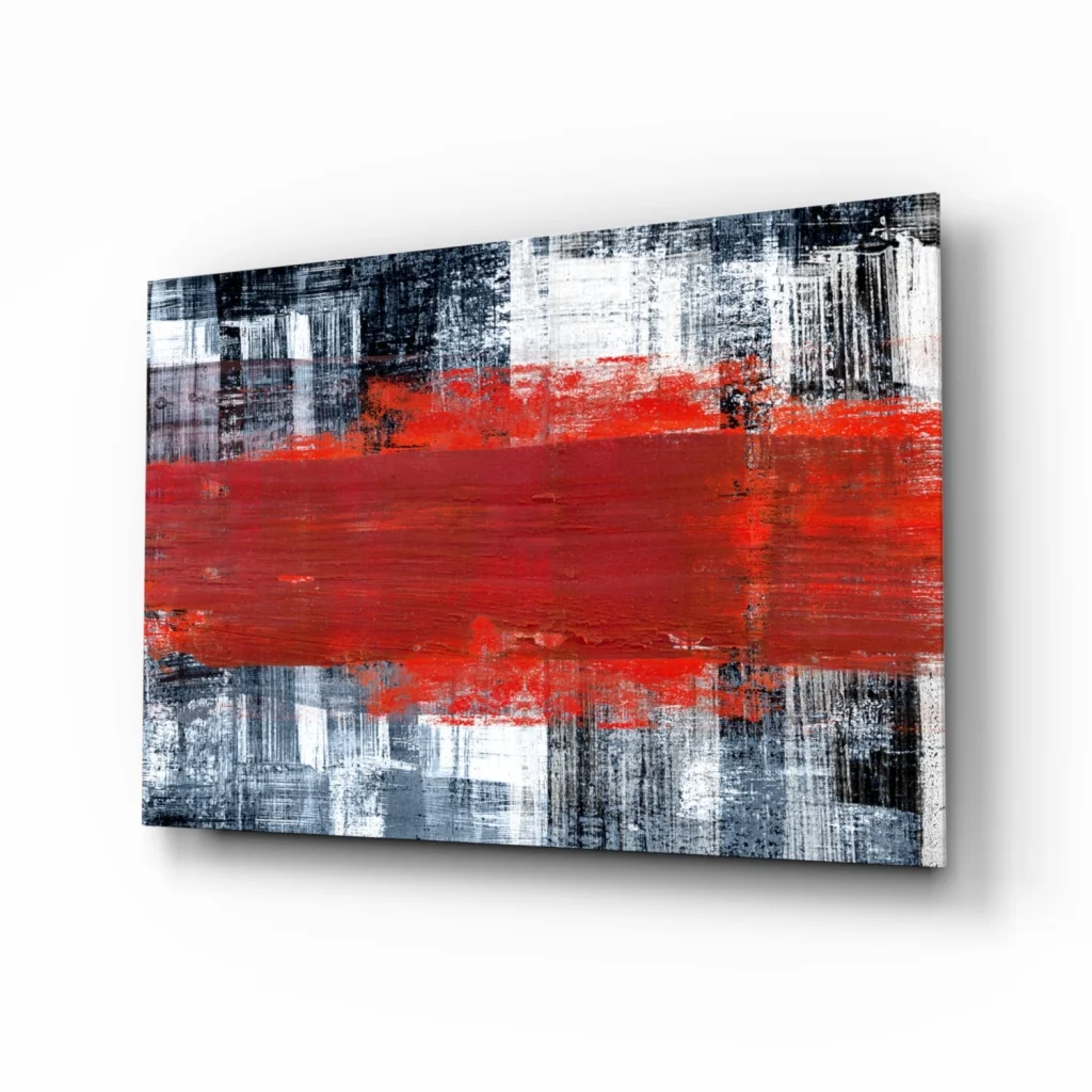 Bold red stripe abstract canvas wall art with textured black, white, gray background
