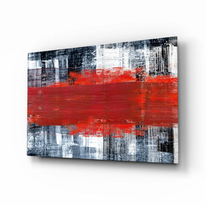 Bold red stripe abstract canvas wall art with textured black, white, gray background