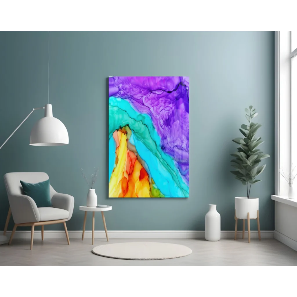 Swirling purple teal orange abstract glass wall art canvas