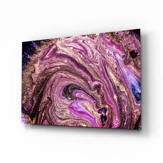 Swirling purple gold glitter glass wall art canvas with vibrant abstract design