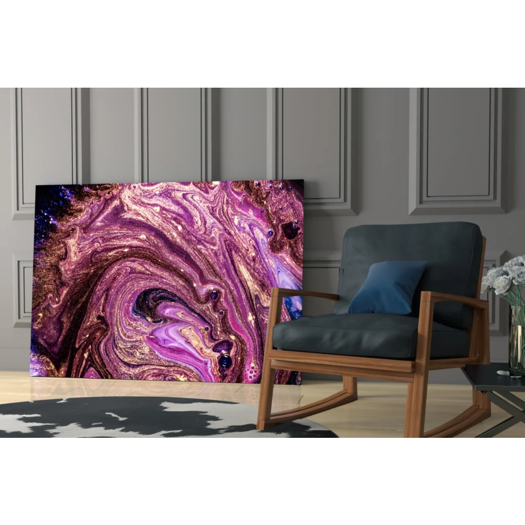 Vibrant swirling purple gold glitter glass wall art canvas