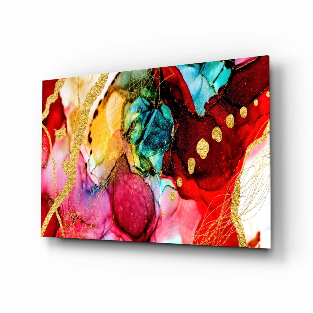 Vibrant swirling reds pinks teals gold leaf abstract canvas wall art