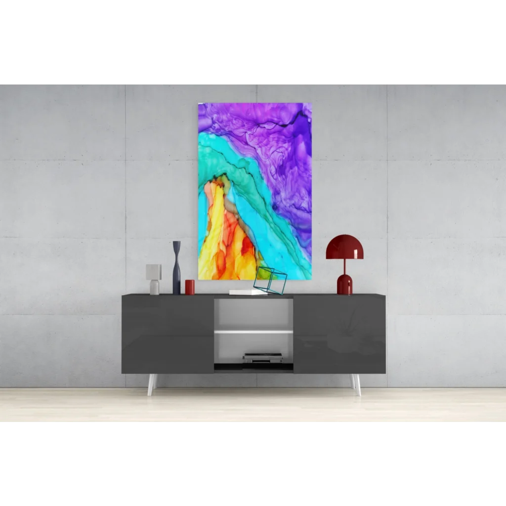 Vibrant swirling purple teal orange abstract glass wall art canvas