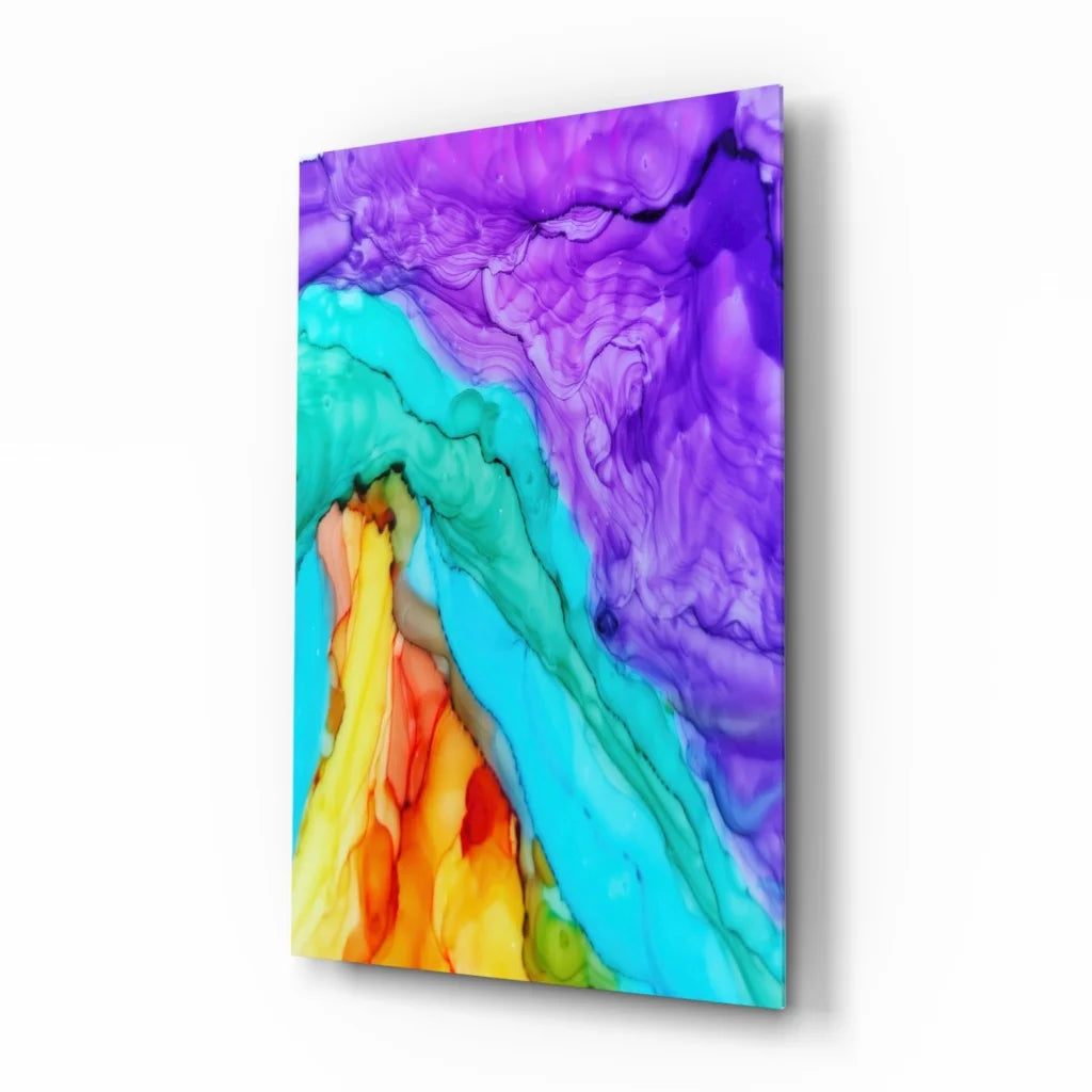 Vibrant swirling purple teal orange abstract glass wall art canvas