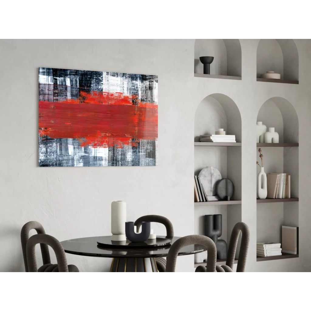 Bold red stripe abstract canvas wall art with textured black, white, gray background