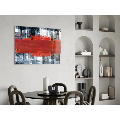 Bold red stripe abstract canvas wall art with textured black, white, gray background