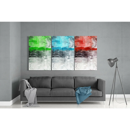 Bold striped abstract canvas wall art three-panel set with green, blue, red stripes on textured white