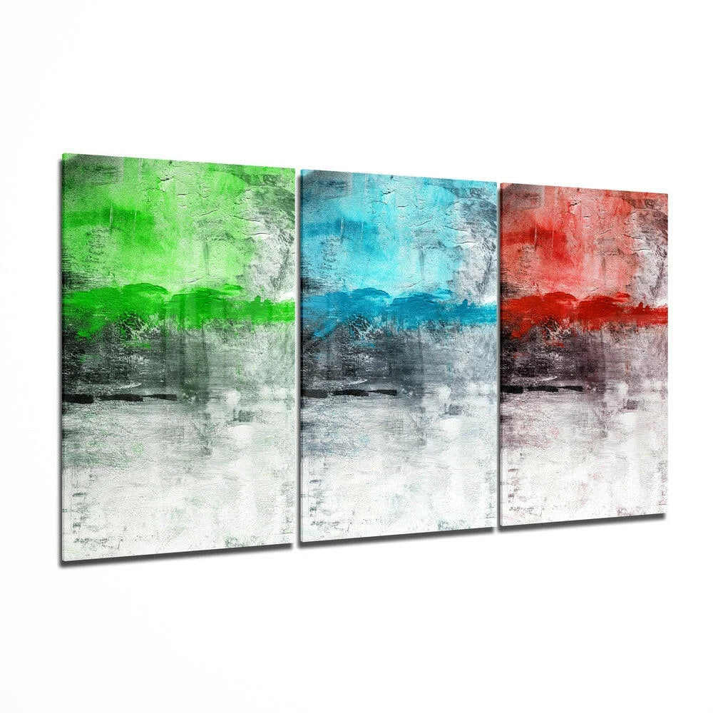 Bold striped abstract canvas wall art in three panels with green, blue, red bands on textured gray-white background