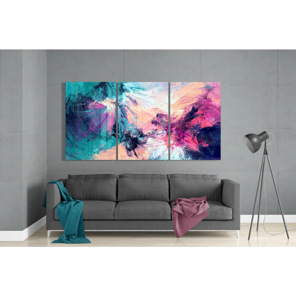 Bold Triptych Canvas Wall Art in Teal Pink and Purple | Modern Wall Art Decor | vintageantiquesgifts.com